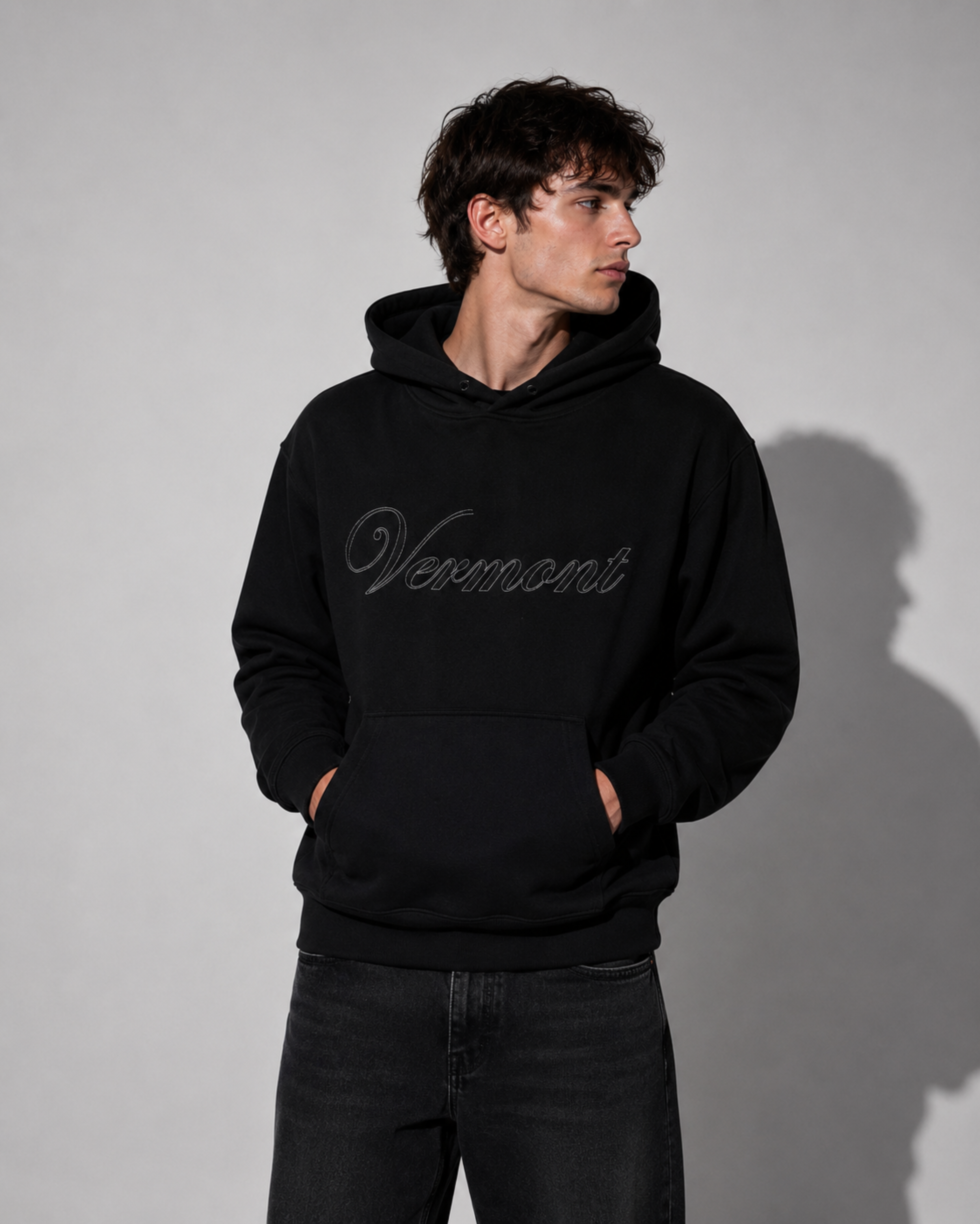 Velender Vermont Outline Embroidered Hoodie - Black