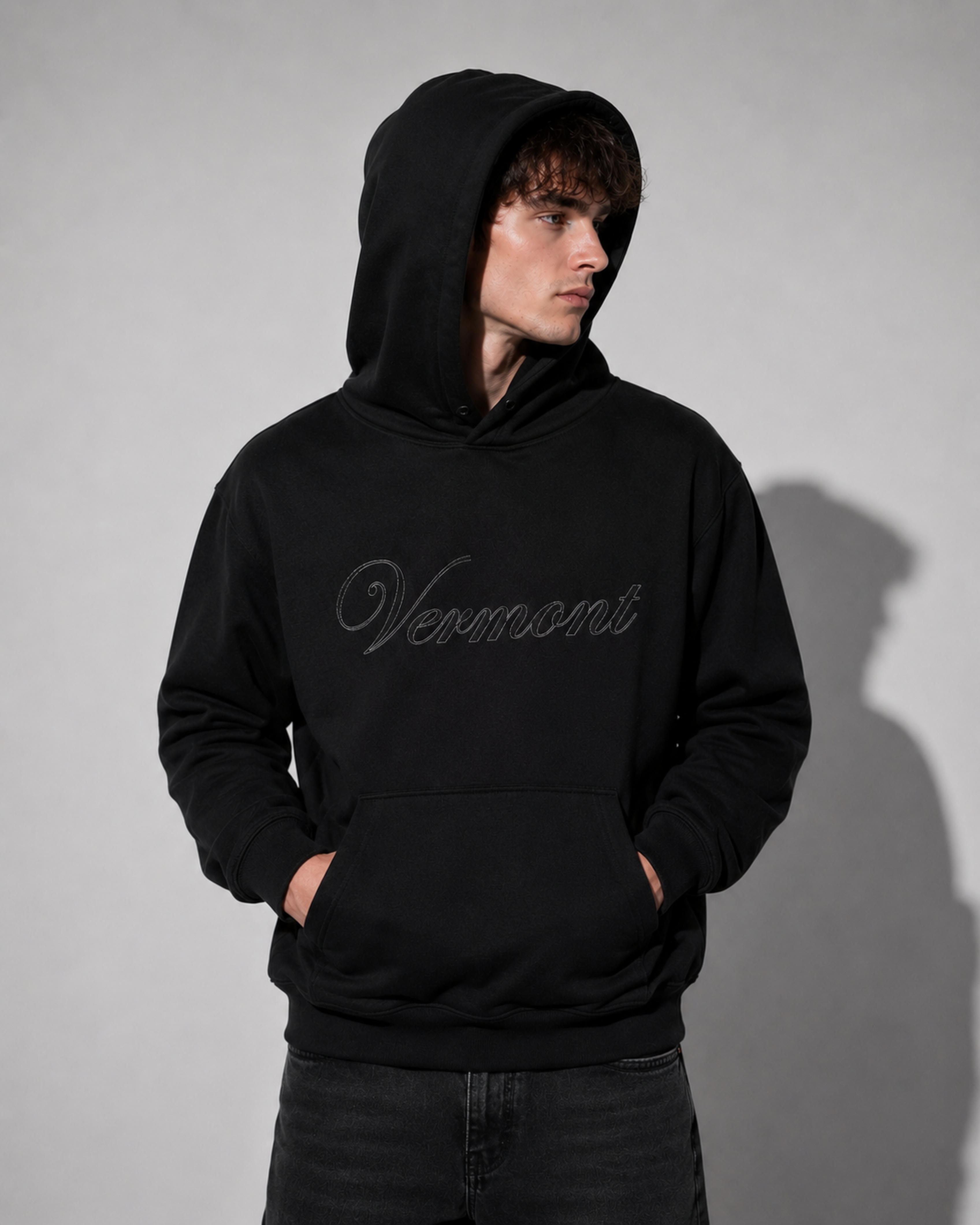 Velender Vermont Outline Embroidered Hoodie - Black