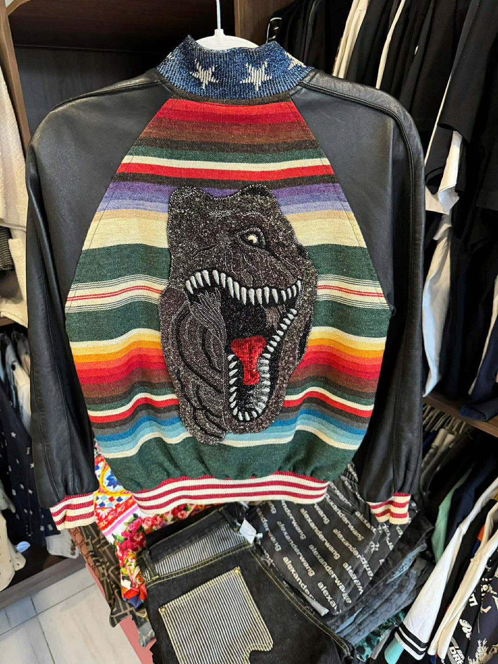 Hedi Slimane x Saint Laurent Dinosaur Camo Leather Teddy Bomber Jacket F34 Used